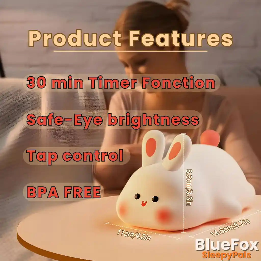 Ruby the Rabbit Night Light with soft-touch silicone, 3 brightness levels, USB rechargeable, and child-safe BPA-free material, perfect for a peaceful sleep